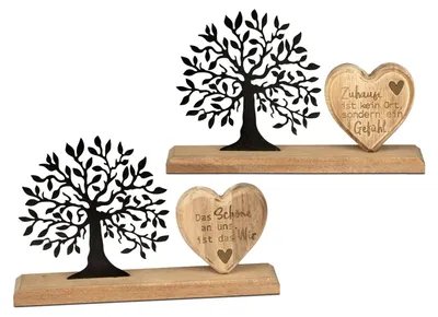Produktbild von formano 2er Set Baum Herz Deko Aufsteller Holz Metall Spruch 25 cm