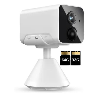 A white security camera on a white stand, with two SD cards in front of it.