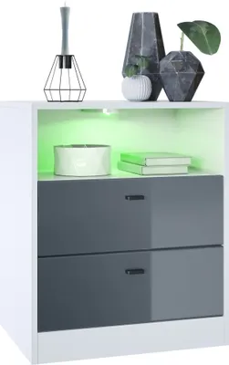 Produktbild von Vladon Kommode Pino V1,  Germany, Nachttisch mit 2 Schubladen & 1 offenem Fach, Weiß matt/Grau Hochglanz mit LED RGB (56 x 67,5 x 36 cm)