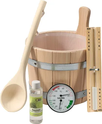 Produktbild von Infraworld Saunaset Idealo 6 teilig Aufgusseimer Kelle Sanduhr Hygrometer Saunaöl