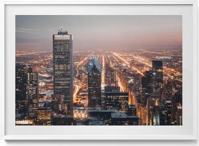 Produktbild von Abendliche Stadt– Wandbild mit Rahmen – Gerahmtes Bild  – Wanddekoration – 100x70 cm –  Weiß Rahmen