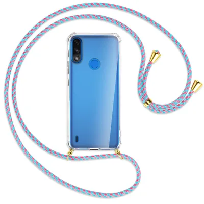 Produktbild von Handykette Backcover-Schutzhülle mit Band (Metall goldfarben) für Motorola Moto E7 Power, E7i Power - pink/mint