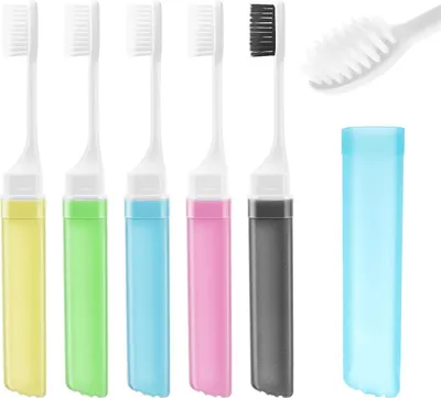 Produktbild von 5 Stück Reise-Zahnbürsten, Klappbare Reisezahnbürste Tragbare Mini Zahnbürste Weiche Zahnbürste für Reisen, Camping, Schule, Zuhause, Geschäftsreise (Rosa, Blau, Gelb, Grün, Schwarz)