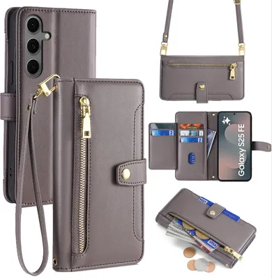 Produktbild von Handykette für Samsung Galaxy S25 FE Hülle mit Band Handyhülle Kartenfächer Kunstleder Umhängetasche in Grau