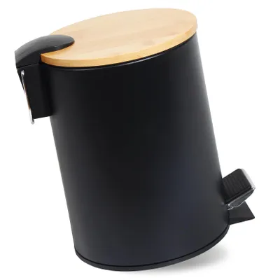 Image de Theo&Cleo Poubelle de salle de bain avec couvercle en bois et seau intérieur Adonis Poubelle de salle de bain Softclose Seau à cosmétique Poubelle(Noir 3L)