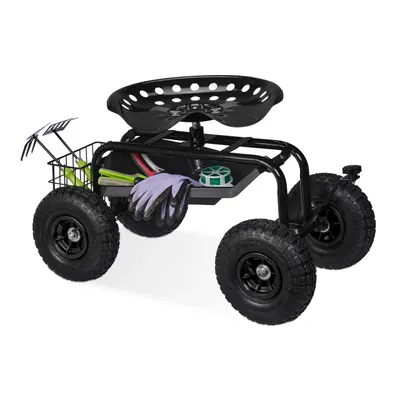 Produktbild von Relaxdays fahrbarer Gartensitz, höhenverstellbar, 150 kg, Stauraum, Rollsitz Gartenarbeit, Stahl, Luftreifen, schwarz