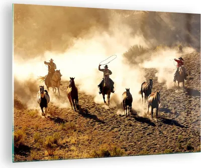 Produktbild von Bilder auf glas - Cowboys Pferde Galopp - 70x50cm - Glasbilder - Wandbilder - Kunstdruck - zum Aufhängen bereit - Wanddekoration aus Glas - Glas Bilder - Wandbild auf Glas - Einteilig - GAA70x50-2693