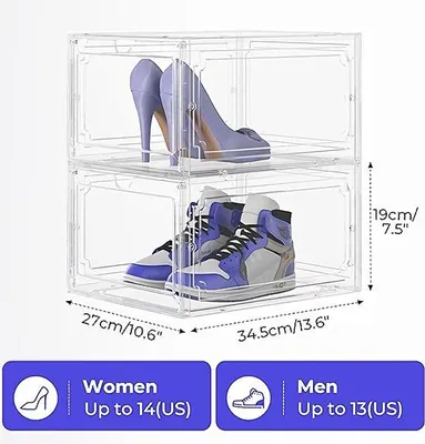 Image de Boîte de rangement pour chaussures, lot de 12 boîtes à chaussures empilables en plastique transparent, organiseur de rangement pour chaussures PET avec porte magnétique pour la présentation des chaussures, blanc transparent