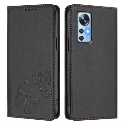 Produktbild von Lederhülle für Xiaomi 12 /Xiaomi 12X /Xiaomi 12S, Schmetterling Prägung Leder Brieftasche Schutzhülle mit Ständer Schwarz