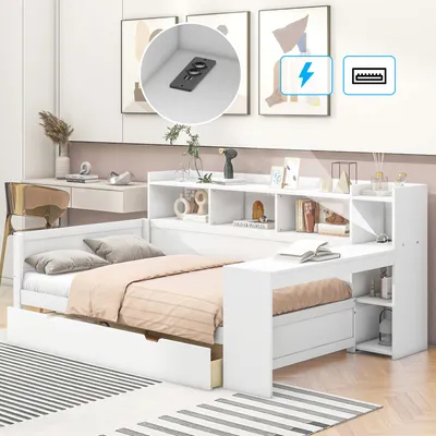 Zdjęcie produktu dla Sofa rozkładana Sweiko, łóżko dzienne, łóżko dzienne, 90 x 200 cm, stolik nocny z półką i półka pod stołem, łóżko z gniazdkiem i złączem USB, 2 szuflady, biurko, bez materaca, płyta wiórowa, biały