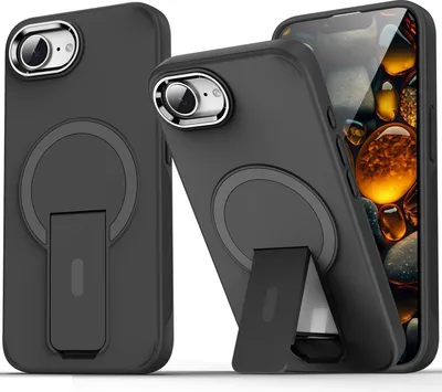 Image de Étui magnétique pour iPhone 16e/iPhone 17e, compatible MagSafe, dos mat, coque antichoc avec support – Noir