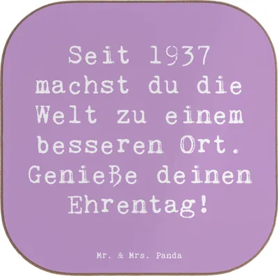 Produktbild von Mr. & Mrs. Panda Tischuntersetzer Spruch 1937 Geburtstag - Lavendeltraum - Geschenk, Handgefertigte Geschenke, Holzuntersetzer, Glückwunsch, gläseruntersetzer, Coaster