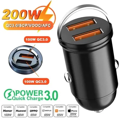 Produktbild von Auto USB Ladegerät - Zigarettenanzünder Adapter - 12–24V Eingang - 200 W 2x USB Ports - Schnellladen QC 4.0/3.0 30 W - Mini Aluminium
