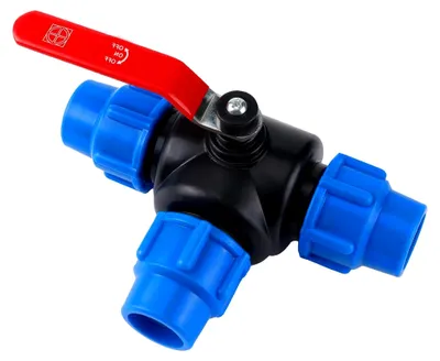 Produktbild von PP-Fitting, Klemmverbinder, 3-Wege-Kugelhahn mit Hebelgriff für PE-Rohr, mit Ventil (T-Stück, 25mm)