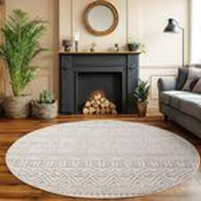 Produktbild von Bouclé Teppich für Wohnzimmer Schlafzimmer Büro weich pflegeleicht strapazierfähig vielseitig kombinierbar , Größe : 200 cm Rund , Farbe : Creme-3