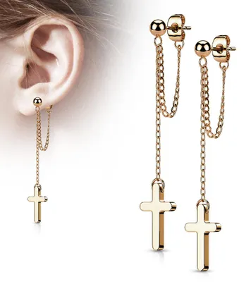 Produktbild von Kreuz Ohrstecker hängend: Edelstahl Ohrhänger mit Kette Rose Gold