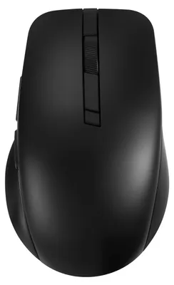 A top-down view of a black wireless computer mouse against a white background.