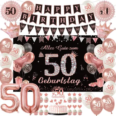 Productafbeelding van Verjaardagsdecoratieset - 51-delig, inclusief slingers, ballonnen en taartdecoratie - voor een feest - zwart, roze, goud