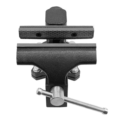 A black and silver vise is shown against a white background.