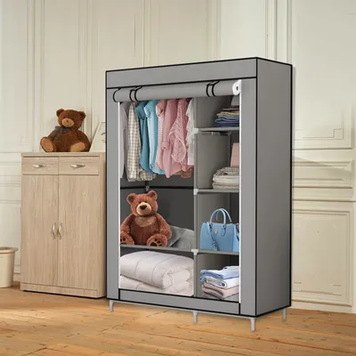 Produktbild von Kleiderschrank Stoffschrank mit Überzug aus Vliesstoff Faltschrank mit Kleiderstange 6 Ablagen 105 x 45 x 175 cm grau