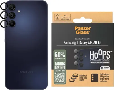 Produktbild von PanzerGlass ® Hoops® Kameraschutz Schwarz Samsung Galaxy A16 | A16 5G, Samsung, Samsung - Galaxy A16 4G, Samsung - Galaxy A16 5G, Trockene Anwendung, Kratzresistent, Schockresistent, Schwarz, 1 Stück(e)