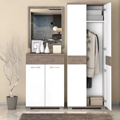 Produktbild von Flurgarderobe Set Sagone, Holzwerkstoff Eiche Dunkelbraun / Weiß, Schrank HxBxT 189x68x35 cm