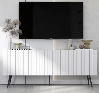 Produktbild von TV-Schrank Glamour RTV RTV-Schrank Elpis - Viertürig - Modern - Lindner Möbel - 150cm x 60,5cm x 36,5cm, Farbe: Weiß matt, Schwarz Metallbeine