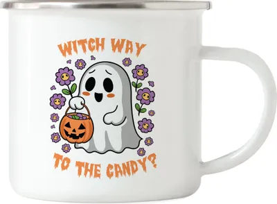 Produktbild von Witch Way To The Candy Emaille-Tasse Halloween Geschenkidee Halloweenparty Gruselgeschenk Halloween-Deko