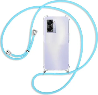 Produktbild von Handykette Backcover-Schutzhülle mit Band (Metall silberfarben) für Realme Narzo 50 5G, A57 / A77 - himmelblau
