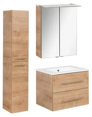 Produktbild von Fackelmann B.Perfekt Badmöbelset 4-teilig  62 cm breit, Braun hell, Waschbeckenunterschrank, Keramik-Waschbecken, Spiegelschrank und Hochschrank