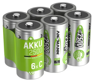 A group of six C-sized rechargeable batteries in a green plastic holder, presented against a white background.