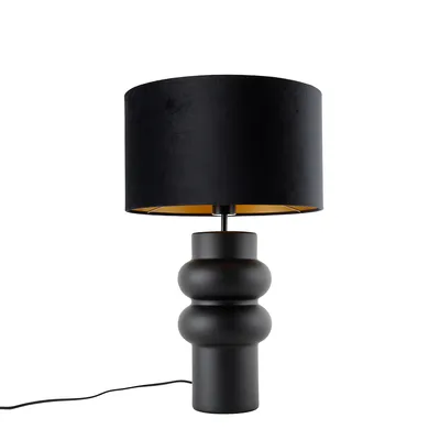 Produktbild von QAZQA - Design Tischleuchte I Tischlampe I Lampe I Leuchte schwarzer Samtlampenschirm schwarz mit Gold I Messing 35 cm - Alisia I Wohnzimmer I Schlafzimmer - Keramik Rund - LED geeignet E27
