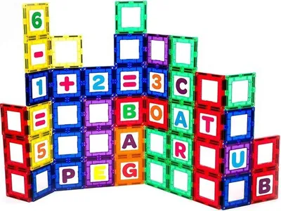 Productafbeelding van Playmags, set van 80 magnetische bouwstenen - Magnetische ramen - Letters, cijfers, ABC