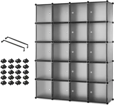 Imagen del producto de Armario de plástico para guardar ropa, con 2 barras para colgar, dimensiones 145x37x180 cm, 20 compartimentos, ideal para el hogar