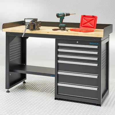 Produktbild von Werkbank PRO Schwarz mit Eichen Arbeitsplatte - 150 cm