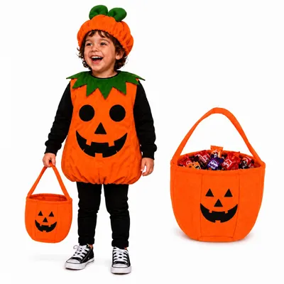Produktbild von Kürbis Kostüm Kinder ab 3 Jahren – Halloween Kostüm mit Tragetasche