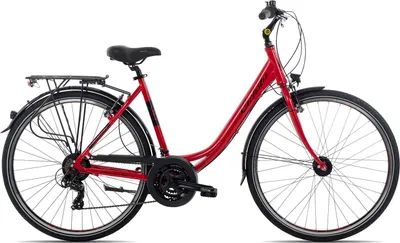 A red city bike is shown against a white background.