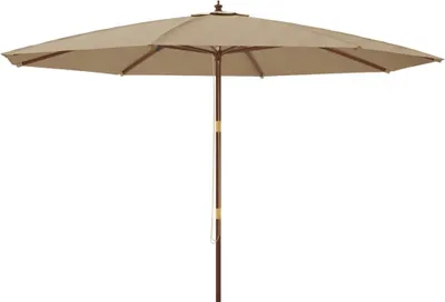 A taupe patio umbrella with a wooden pole against a white background.