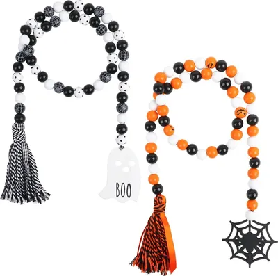 Produktbild von 2er-Pack Halloween-Holzperlengirlanden mit Quaste, 100 cm, rustikale Bauernhaus-Perlengirlande mit Geister-Spinnennetz-Tag, perlengestuftes Tablett-Dekor für Halloween-Regal, abgestuftes Tablett-Wanddekor