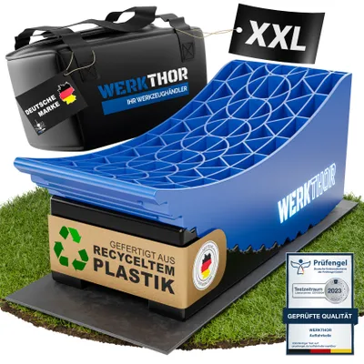 Produktbild von WERKTHOR XXL Auffahrkeile + Tasche - [2er Set] Auffahrkeile für Wohnmobil, Wohnwagen & Anhänger - Stufenfreies Nivellieren für jeden Untergrund <13,5t