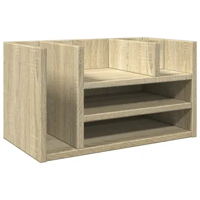 A wooden desk organizer with multiple shelves and compartments.