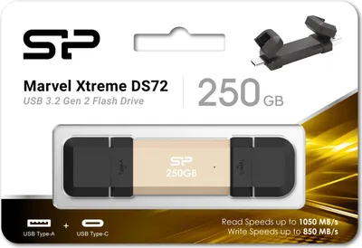 Obrázek produktu pro Silicon Power DS72, 250 GB, USB Type-A / USB Type-C, 3.2 Gen 2 (3.1 Gen 2), 1050 MB/s, Čepice, Zlato