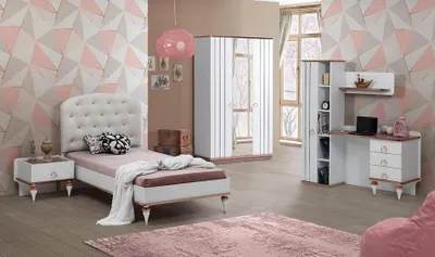 Zdjęcie produktu dla Zestaw łóżko stolik nocny biurko szafa nowoczesny styl biały pokój dziecięcy