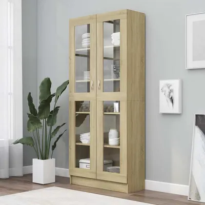 Immagine prodotto di Mobiletto espositivo con 5 scomparti e 2 ante in vetro, finitura Sonoma, dimensioni 82,5 x 30,5 x 185,5 cm