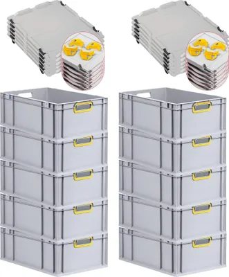 Produktbild von SparSet 10x Eurobox NextGen Color mit Auflagedeckel und Schiebeschnappverschlüsse | HxBxT 22x40x60cm | 44 Liter | Grau | Griffe gelb offen | Verstärkter Boden | Eurobehälter, Transportbox, Transportbehälter, Stapelbehälter