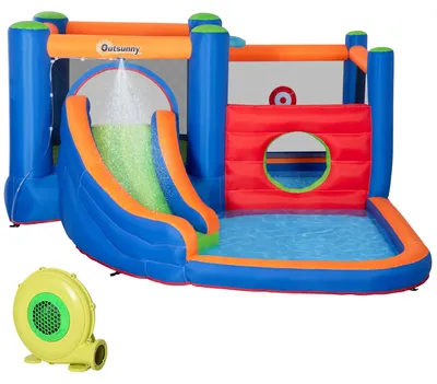 Productafbeelding van Outsunny opblaasbaar springkasteel waterpark met ventilator, springkasteel met waterglijbaan
