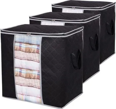 Image de Lot de 3 bacs de rangement de 90 l, bacs pliants noirs avec poignées, pour le linge de lit et les vêtements
