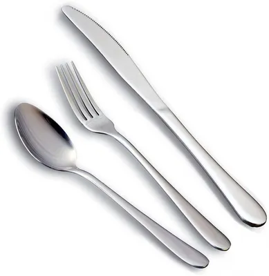 Imagen del producto de Juego de cubiertos de 12 piezas, que incluye cuchillo de mesa, tenedor y cuchara. Incluye un juego de 3 piezas (cuchillo, tenedor y cuchara) para 4 personas. Fabricado en acero inoxidable, ideal para