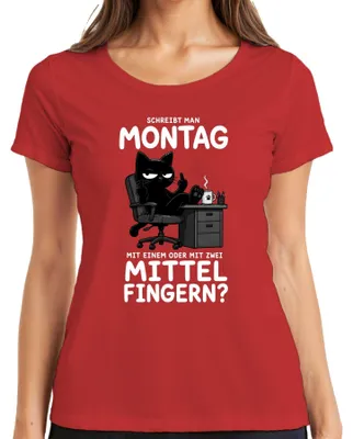 Immagine prodotto di Maglietta da donna, colore rosso, taglia XL, con la scritta "Montag" (lunedì) e un'espressione sarcastica