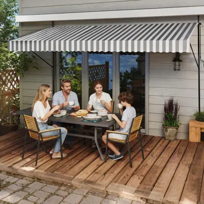 Produktbild von FIVMEN Klemmmarkise Balkon 400cm breit - Markise mit Handkurbel Höhenverstellbar Balkonmarkise ohne Bohren, UV-Schutz, Sonnenschutz, Wetterfest (400 x 120cm, Grau-Weiß)